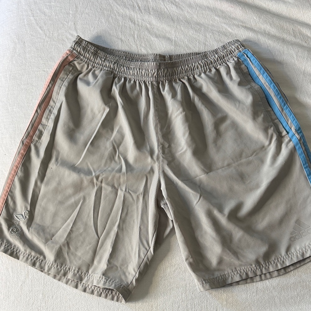 Adidas Men's Gray Athletic Shorts with Blue and Pink Stripes